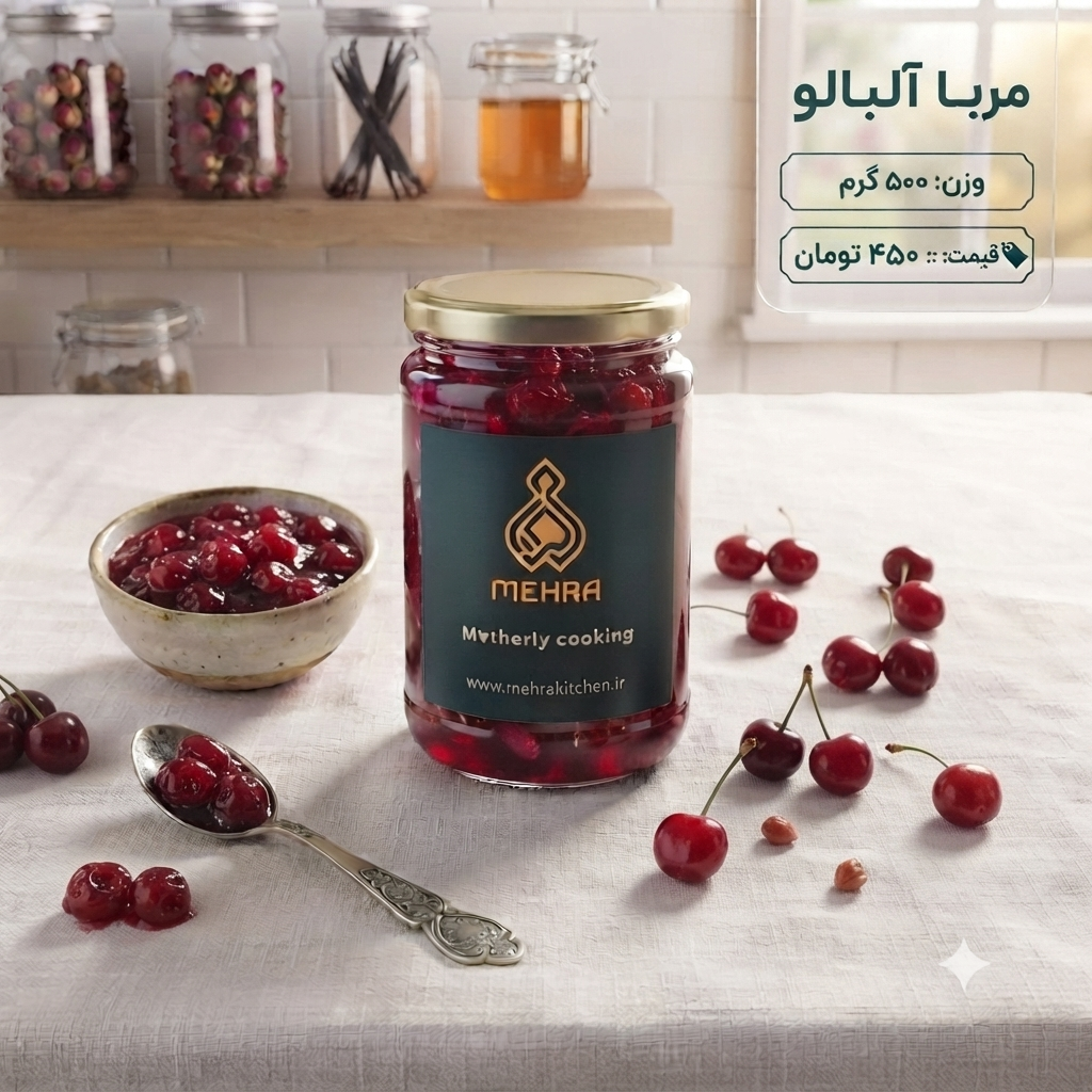مربای آلبالو خانگی نیم کیلویی